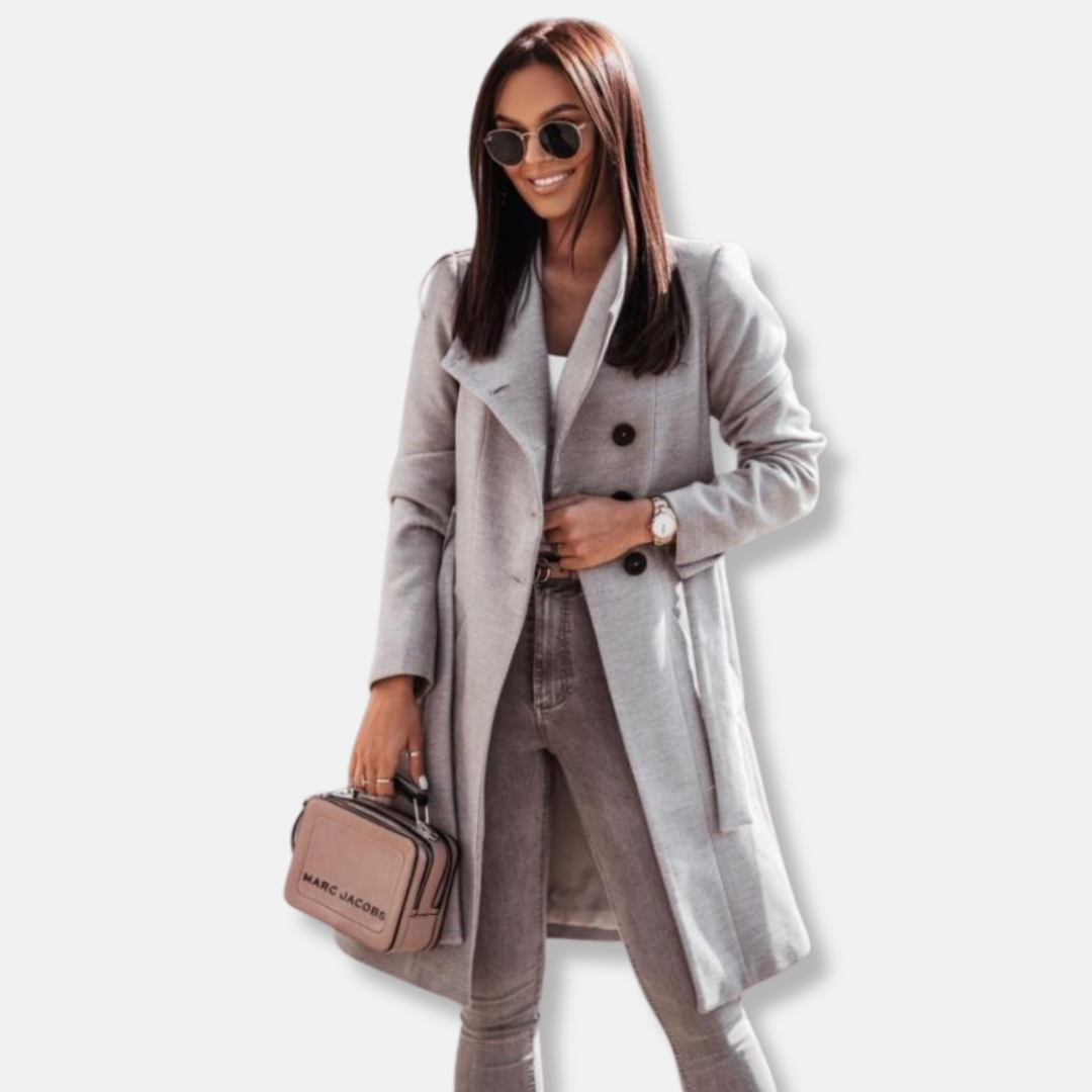 Women’s Long Coat – Wool Blend – Double-Breasted – Structured Fit – Formal Wear