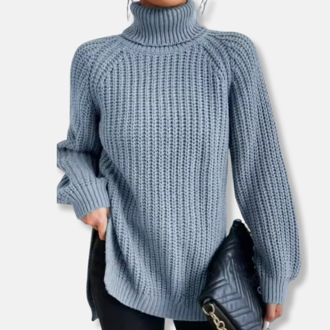 Women’s Pullover Sweater – Oversized Fit – Chunky Wool Knit – Turtleneck – Split Hem