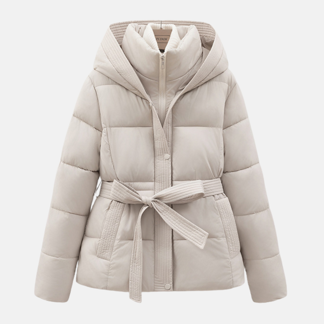 Women’s Padded Coat – Slim Fit – Quilted Insulation – Hooded with Tie Waist
