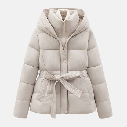 Women’s Padded Coat – Slim Fit – Quilted Insulation – Hooded with Tie Waist