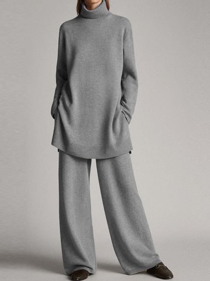 Grace Relaxed Fit Turtleneck Tunic Sweater Wide Leg Trousers Two-Piece Set | Ribbed Cuffs Side Pockets Loungewear