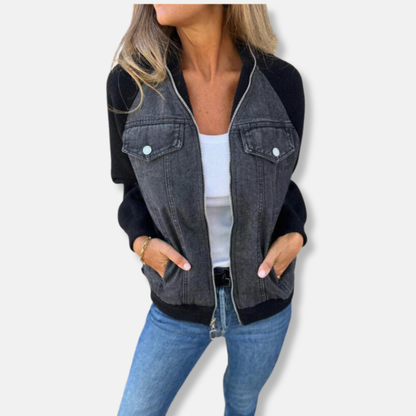 Women’s Jacket – Wool Blend with Denim Panels – Zip Front – Hip Length Casual Fit