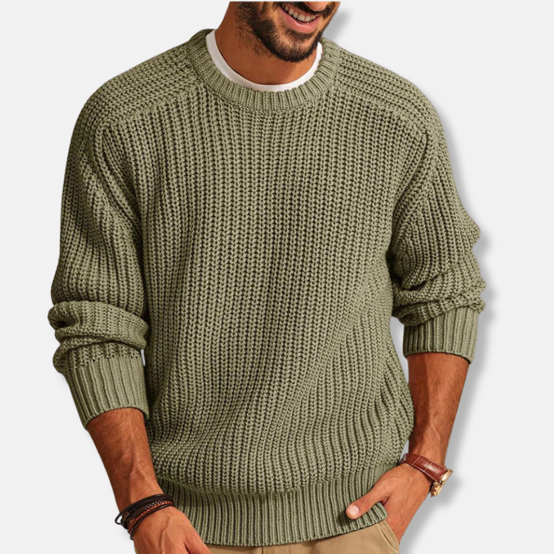 Men’s Sweatshirt – Loose Fit – Chunky Knit – Round Neck – Ribbed Cuffs and Hem