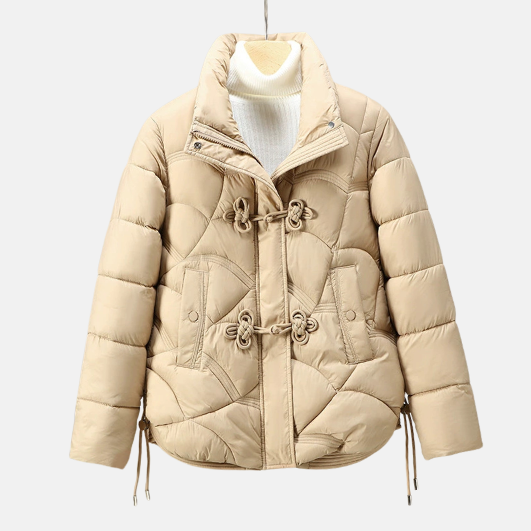 Women’s Puffer Jacket – Quilted Geometric Pattern – Frog Button – Adjustable Hem