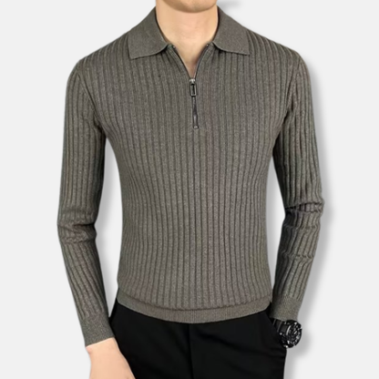 Men’s Polo Shirt – Regular Fit – Ribbed Texture – Long Sleeve Half-Zip
