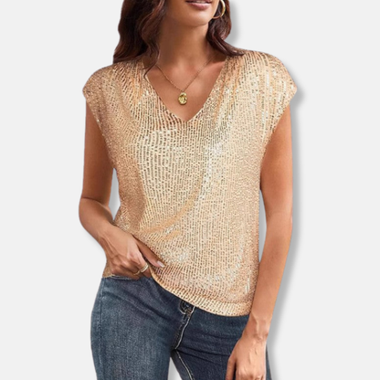 Lily Sequin V-Neck Top | Relaxed Fit Cap Sleeve Top