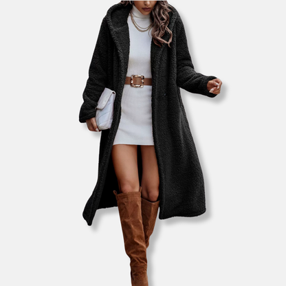 Women’s Long Coat – Plush Fleece Feel – Relaxed Fit – Hooded – Notched Lapel
