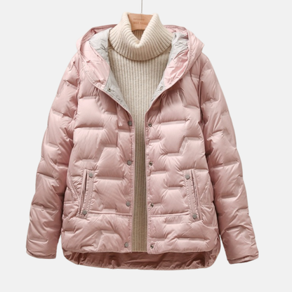 Women’s Quilted Down Jacket – Relaxed Fit – Puffer Style – Hooded – Snap Closure