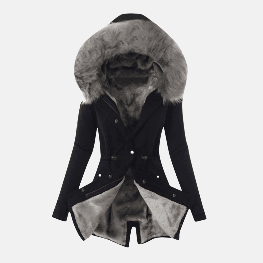 Women’s Jacket – Slim Fit – Plush-Lined Hood – Adjustable Waist – Mid Length – Flap Pockets