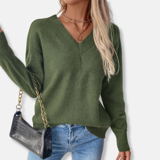 Freya V-Neck Ribbed Sweater | Relaxed Fit Long Sleeve Sweater