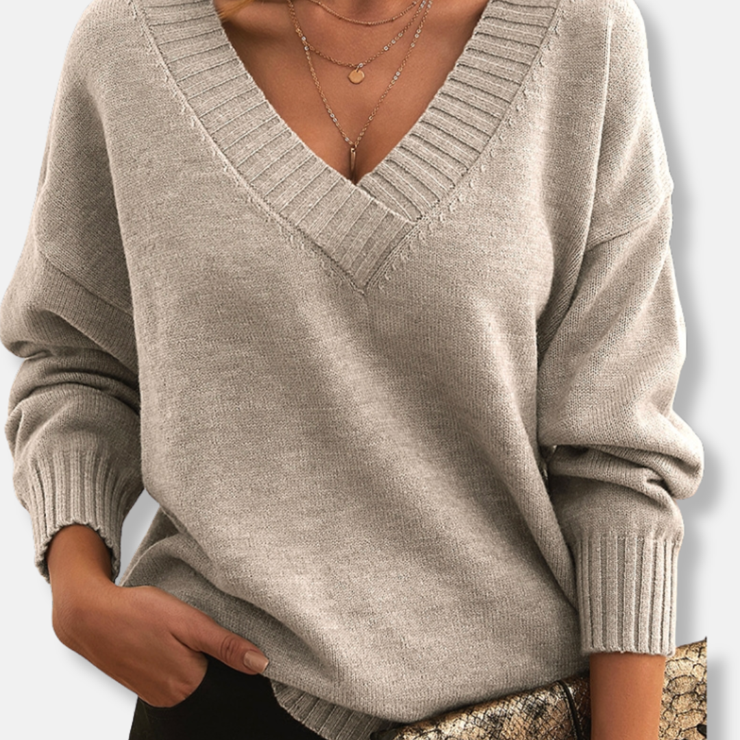 Amelia Ribbed V-Neck Sweater | Solid Relaxed Fit Sweater