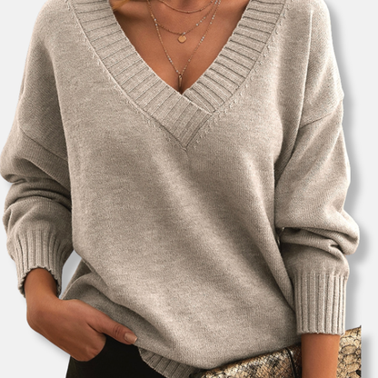 Amelia Ribbed V-Neck Sweater | Solid Relaxed Fit Sweater
