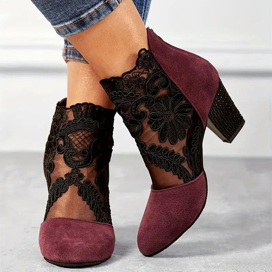 Sienna Floral Embroidered Lace Ankle Boots | Sheer Panels Ankle Boots