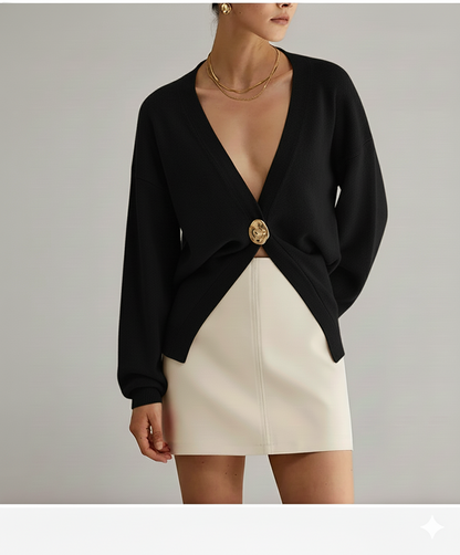 Women's Sweater - Deep V-Neck Cardigan - Gold Button - Elegant Fit