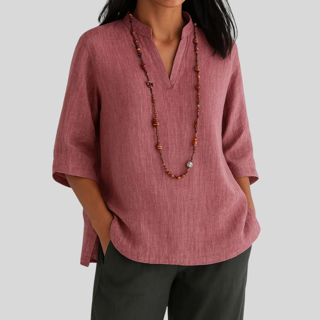 Alice Relaxed Fit Blouse | Notch V-Neck Elbow Sleeve Blouse