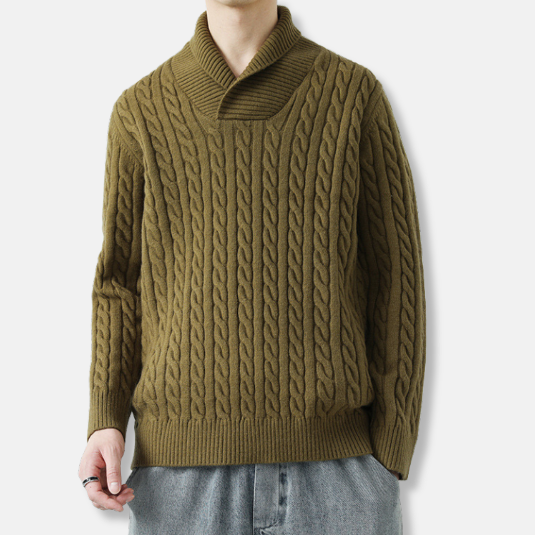 Men’s Pullover Sweatshirt – Loose Fit – Wool Knit – Cable Texture – Shawl Collar
