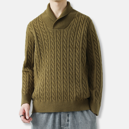 Men’s Pullover Sweatshirt – Loose Fit – Wool Knit – Cable Texture – Shawl Collar