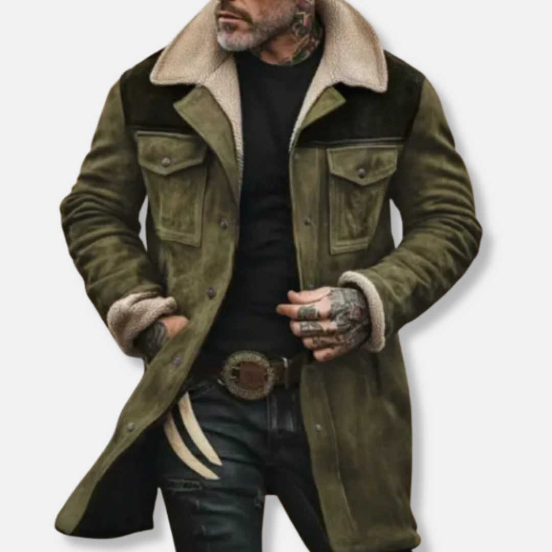 Men’s Casual Long Coat – Suede Texture – Faux Shearling Collar – Button-Up Front