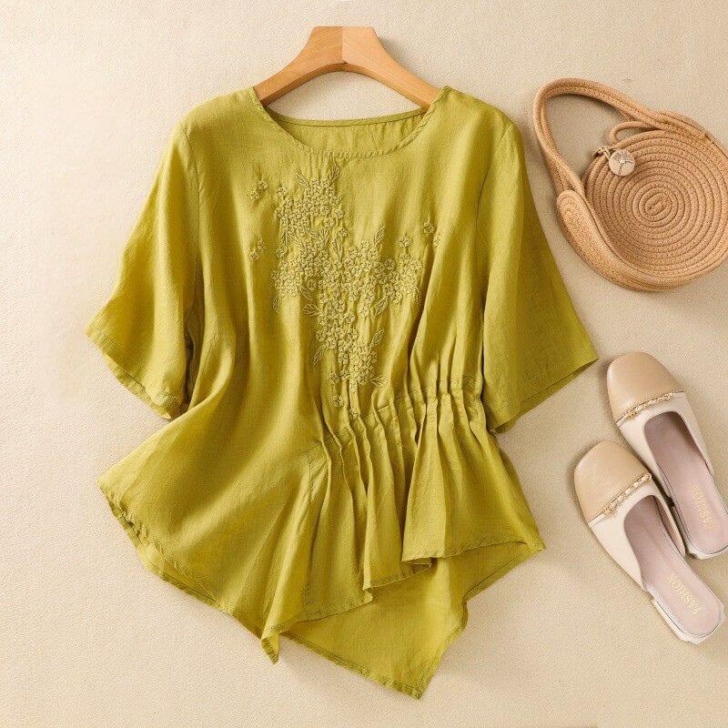 Aurora Relaxed Fit Blouse | Embroidered Crewneck Casual Blouse
