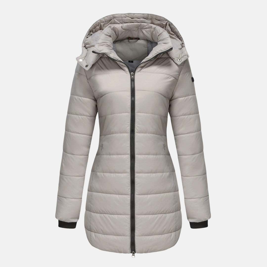 Women’s Puffer Jacket – Insulated Padding – Detachable Hood – Mid-Length Fit – Ribbed Cuffs