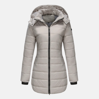 Women’s Puffer Jacket – Insulated Padding – Detachable Hood – Mid-Length Fit – Ribbed Cuffs