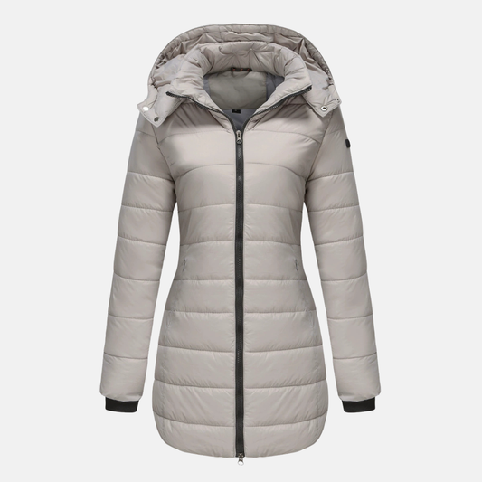 Women’s Puffer Jacket – Insulated Padding – Detachable Hood – Mid-Length Fit – Ribbed Cuffs