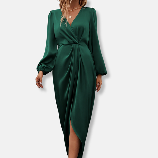 Isla Wrap Midi Dress | Surplice Neck Balloon Sleeve Dress