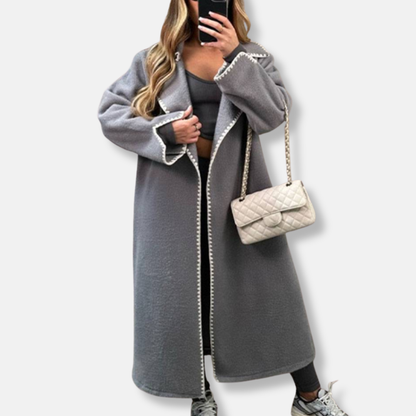 Women’s Long Coat – Oversized Fit – Wool Blend – Notched Lapels – Scalloped Trim