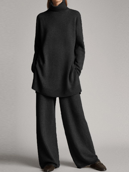 Grace Relaxed Fit Turtleneck Tunic Sweater Wide Leg Trousers Two-Piece Set | Ribbed Cuffs Side Pockets Loungewear