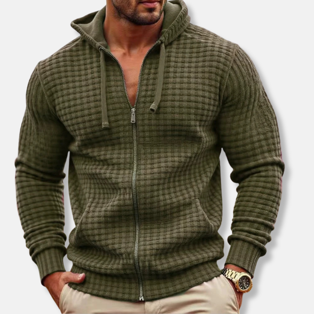 Men’s Hooded Sweatshirt – Waffle Knit – Regular Fit – Full Zip with Drawstring Hood