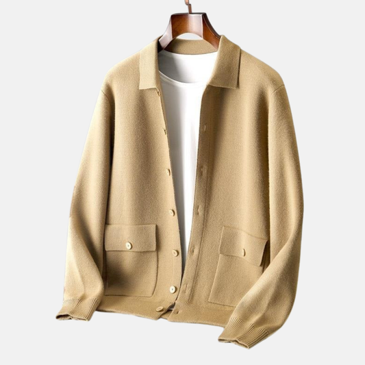 Men’s Cardigan Jacket –  Relaxed Fit – Button Front – Lapel Collar – Patch Pockets