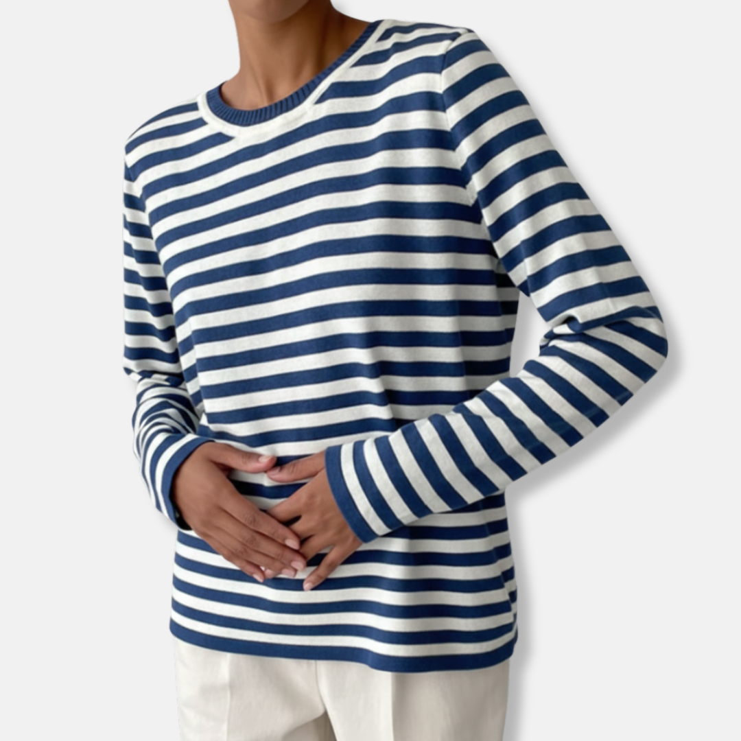 Anna Cotton Blend Relaxed Fit Long Sleeve Sweater | Striped Ribbed Crewneck Sweater