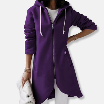 Women’s Long Hooded Sweater – Relaxed Fit – Fleece Feel – Asymmetrical Hem – Zip Front