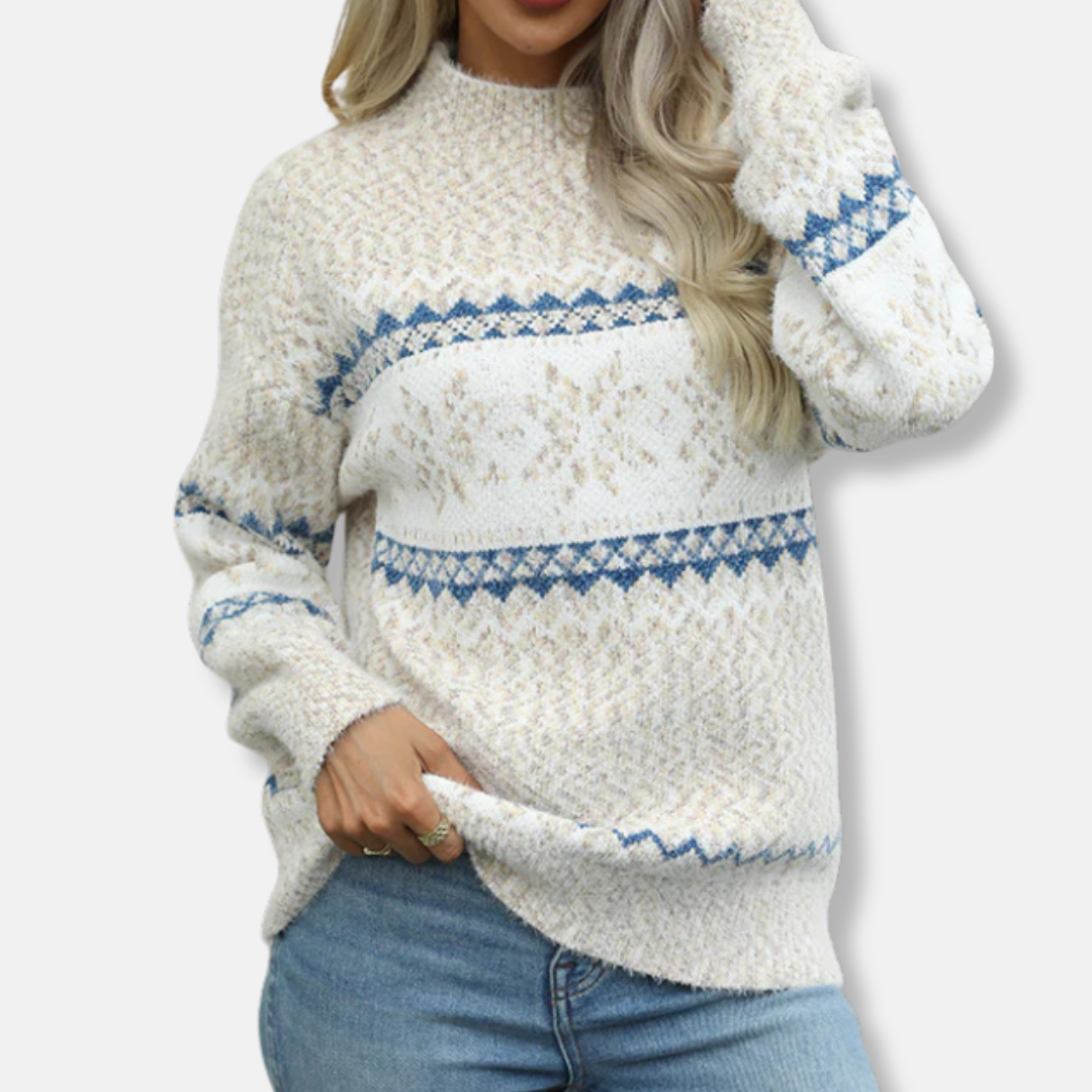 Women’s Knit Sweatshirt – Oversized Fit – Mock Neck – Fair Isle Pattern – Ribbed Cuffs