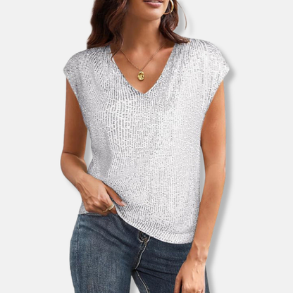 Lily Sequin V-Neck Top | Relaxed Fit Cap Sleeve Top