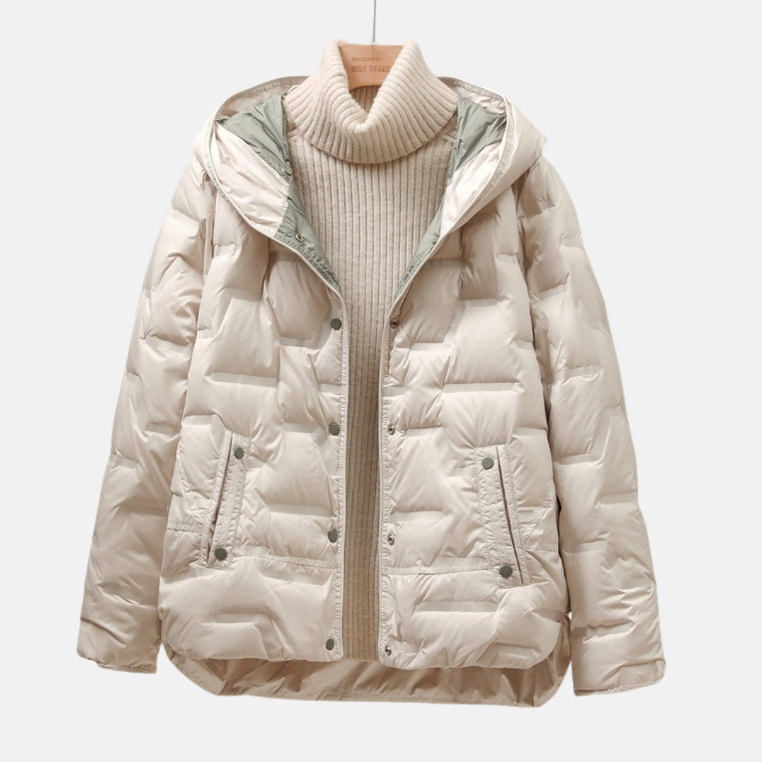 Women’s Quilted Down Jacket – Relaxed Fit – Puffer Style – Hooded – Snap Closure