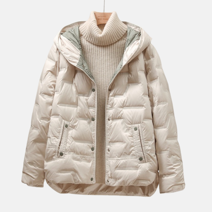Women’s Quilted Down Jacket – Relaxed Fit – Puffer Style – Hooded – Snap Closure