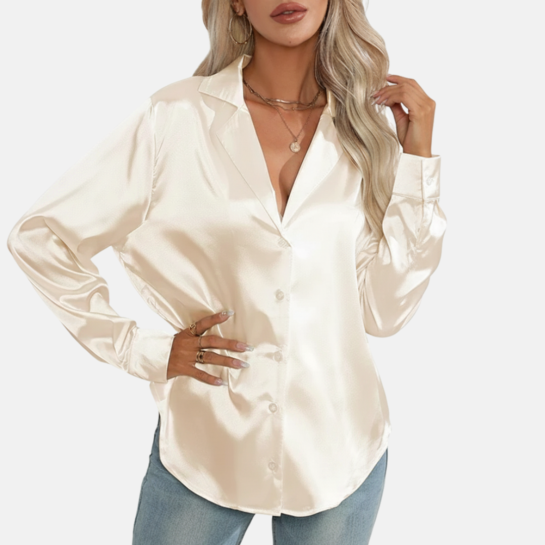 Isla Satin Button-Down Blouse | Relaxed Fit Collared Blouse