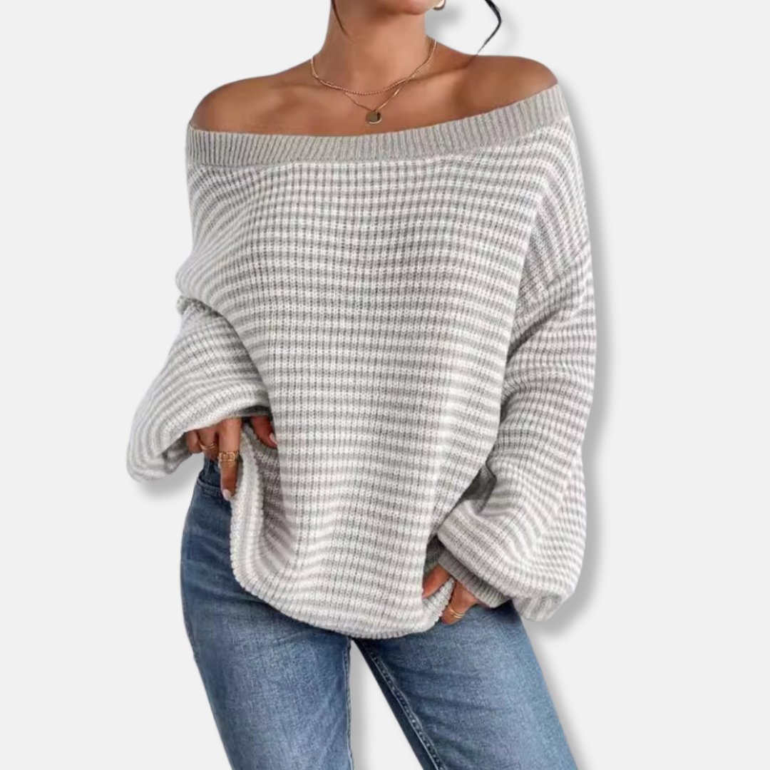Women’s Knitted Sweatshirt – Relaxed Fit – Boat Neck – Lantern Sleeve – Textured Stripe
