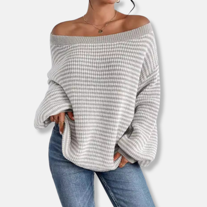 Women’s Knitted Sweatshirt – Relaxed Fit – Boat Neck – Lantern Sleeve – Textured Stripe