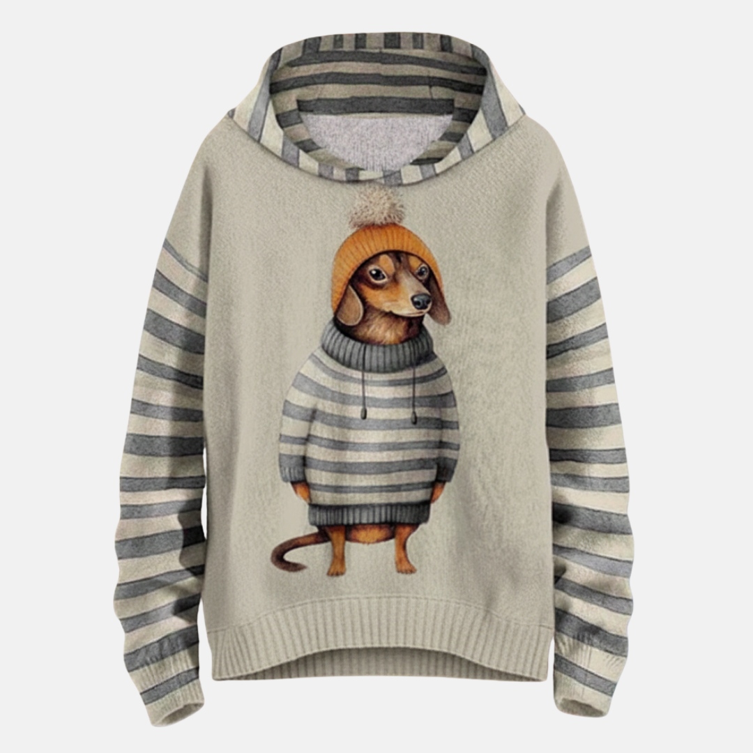Women’s Hoodie – Relaxed Fit – Cartoon Dog Print – Striped Detail
