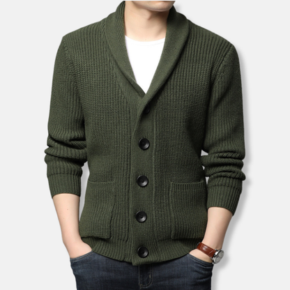 Men’s Cardigan Sweater – Regular Fit – Chunky Ribbed Knit – Shawl Collar – Button Front