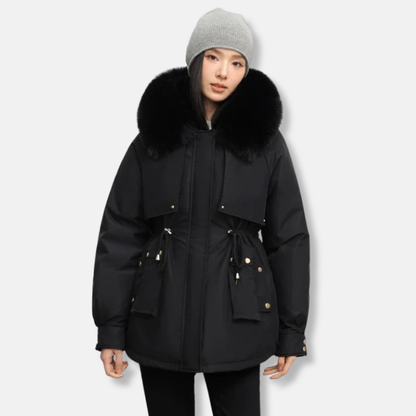 Women’s Parka Jacket – Water-Resistant – Detachable Faux Fur Collar – Adjustable Waist