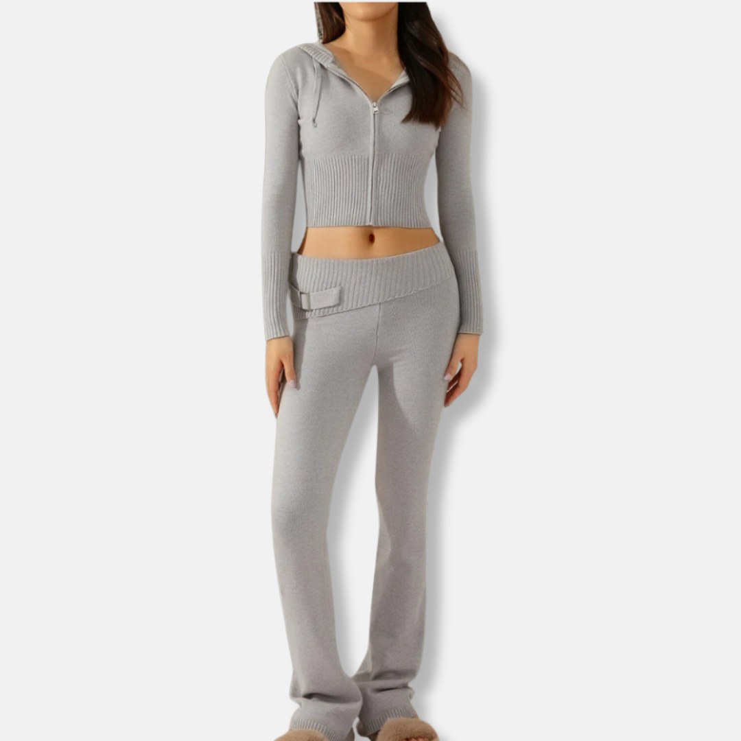 Amelia Fitted Cropped Hooded Jacket And Bootcut Pants Two-Piece Set | Ribbed Casual Loungewear