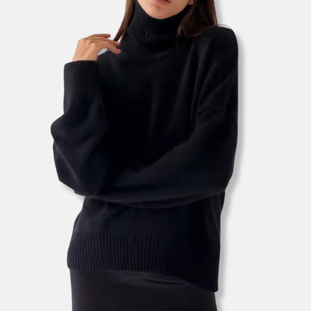 Women’s Pullover Sweater – Oversized Fit – Knit Wool Blend – Ribbed Turtleneck – Long Sleeve