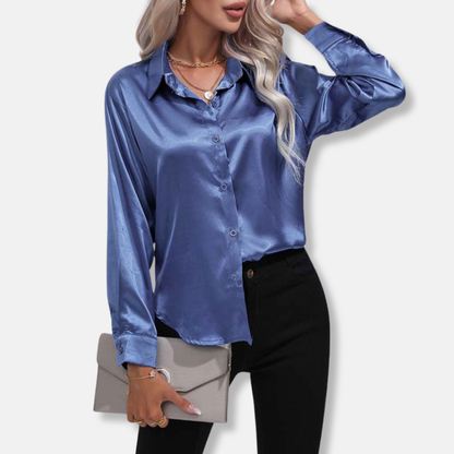 Clara Satin Button-Up Blouse | Collared Relaxed Fit Blouse