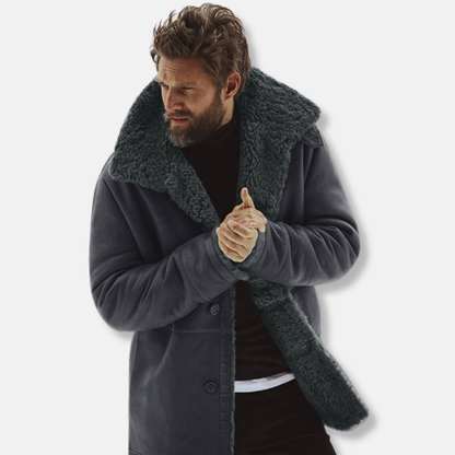 Men’s Coat – Relaxed Fit – Shearling Collar – Button Front – Mid-Thigh Length
