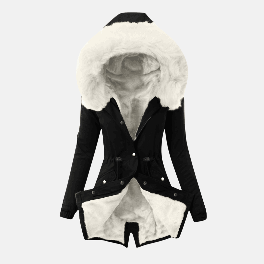 Women’s Jacket – Slim Fit – Plush-Lined Hood – Adjustable Waist – Mid Length – Flap Pockets