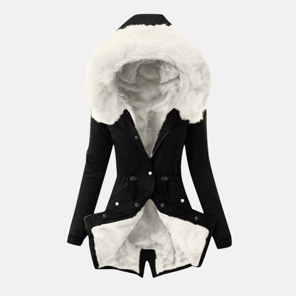 Women’s Jacket – Slim Fit – Plush-Lined Hood – Adjustable Waist – Mid Length – Flap Pockets