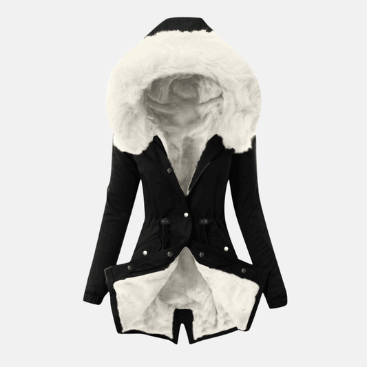 Women’s Jacket – Slim Fit – Plush-Lined Hood – Adjustable Waist – Mid Length – Flap Pockets